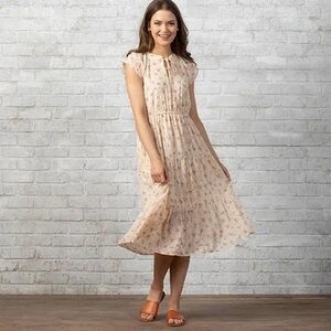 Tan and Cream Midi Sundress with Cap Flutter Sleeves